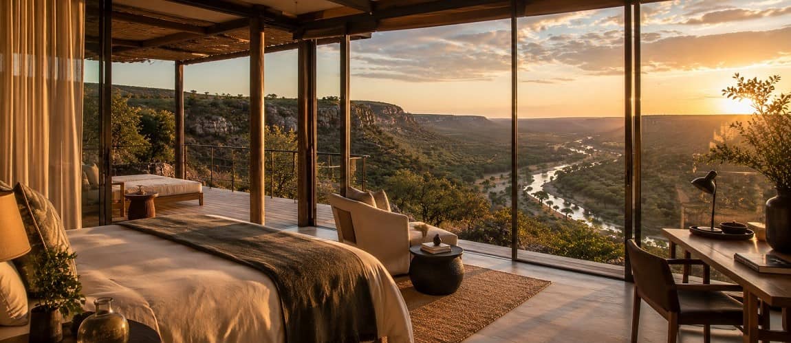 A bedroom in one of the suites at Singita Lebombo, with large glazed front toward the valley.