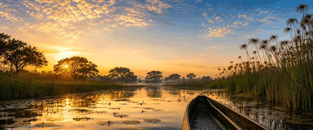Botswana Safari Lodges: A Makoro canoe on an Okavango water channel.