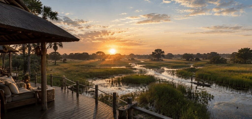 Vumbura Plains Okavango, Botswana: Serene sunrise over safari wetland lodge