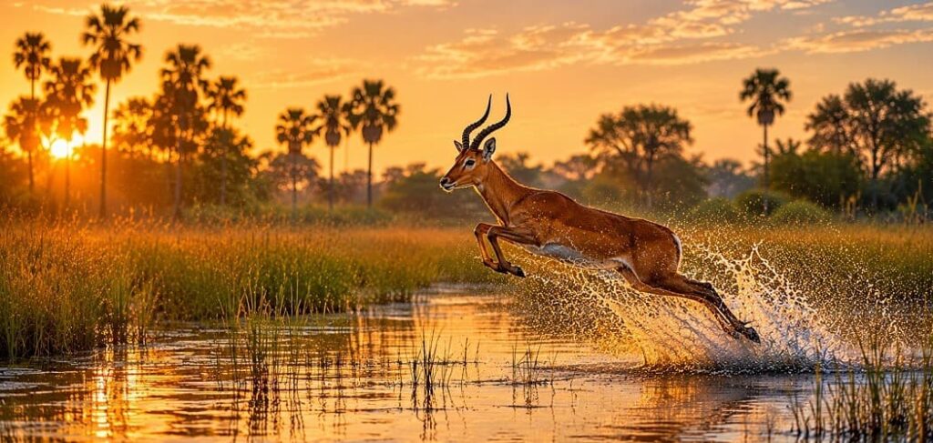 Golden leap over the marsh at sunset