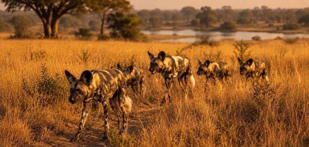Wild dogs in the golden savanna
