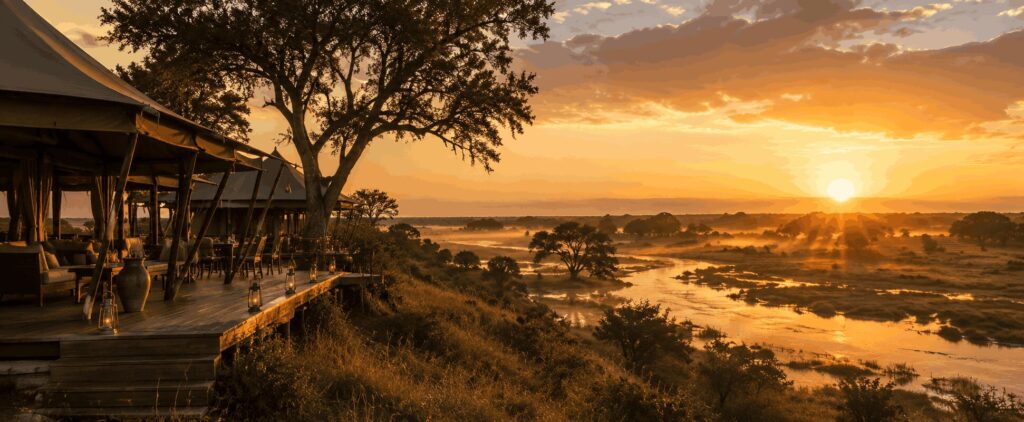 Zarafa Camp Independent Review. Hero image for the page. Zarafa Camp overlooking the Selinda Spillway at first light